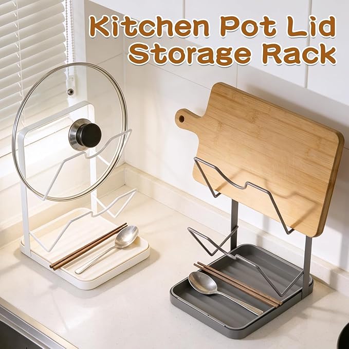 2 Tier Pot Lid Holder Rack for Kitchen Storage, Multifunctional Pan Lid Organizer for Countertop, Kitchen Spoon Rest with Lid Holder Rack for StoveTop White