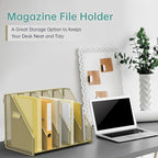 Desk File Organizer Metal Desk Magazine Folder Holder with 5 Vertical Compartments Rack File Organizer for Office, Home, School (Gold)