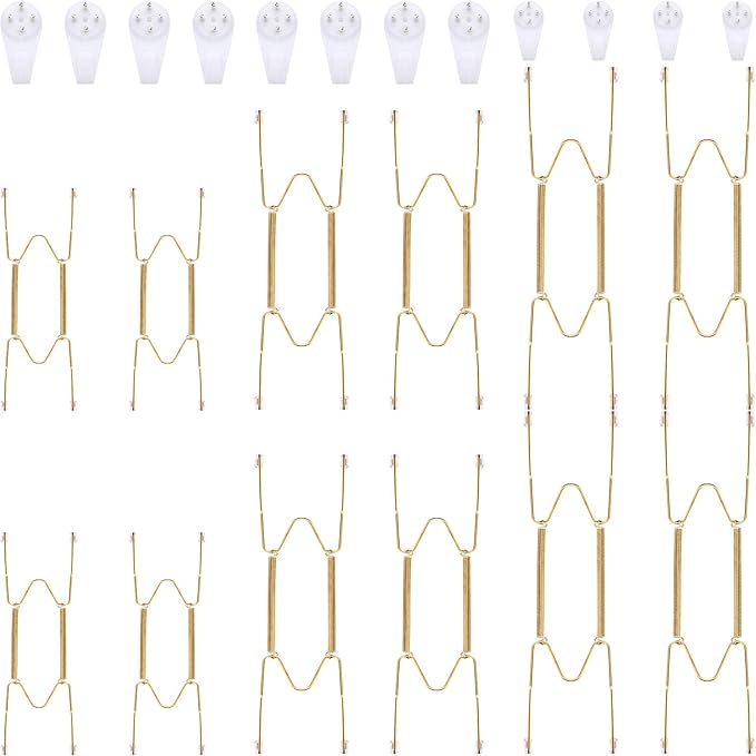 Hotop 12 Pieces Plate Hangers for Wall Stainless Steel Wire Invisible Heavy Duty Plate Hangers Display Holders with 12 Pieces Hooks for Wall Decorative(8/12/14 Inch,Gold)