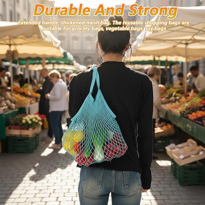 2 Pack Reusable Mesh Grocery Bags, Washable Cotton String Shopping Bag Long Handle Mesh Produce Bag for Fruit Vegetables Potatoes Farmers Market