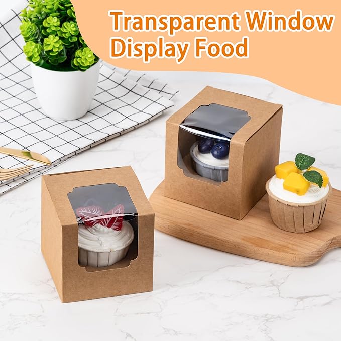 BOOMIBOO 75 Pack Individual Cupcake Containers, Cupcake Boxes with Window, Food Grade Cupcake Holders with Inserts, Stackable Deep Cupcake Carrier (Brown)