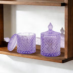 2 Pack Qtip Holder Thick Glass Apothecary Jars with Lid for Bathroom Decor Storage Organizer for Cotton Swabs, Balls, Pads, Floss Picks, Candy, Jewelry, Purple