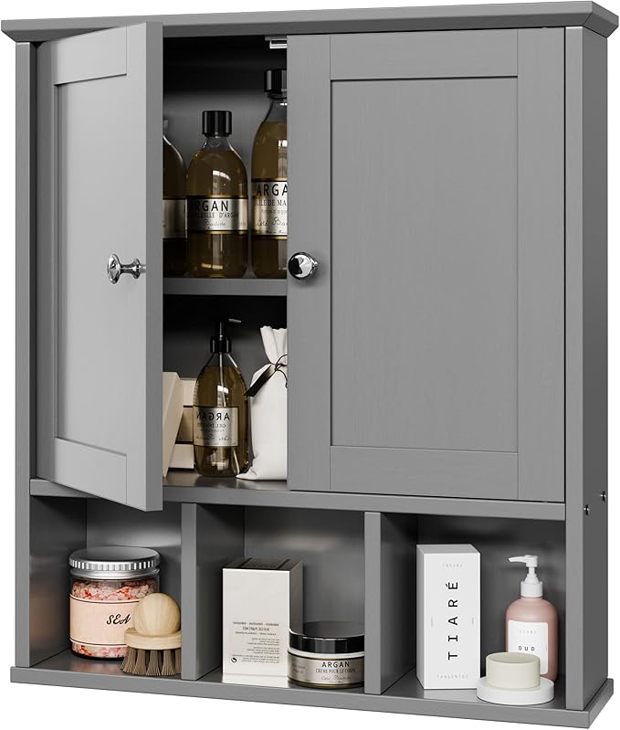 Bathroom Wall Cabinet, Bathroom Cabinet Wall Mount Organizer Shelf for Toiletries, Towels & Essentials – Waterproof MDF, Space-Saving Bathroom Storage, Grey