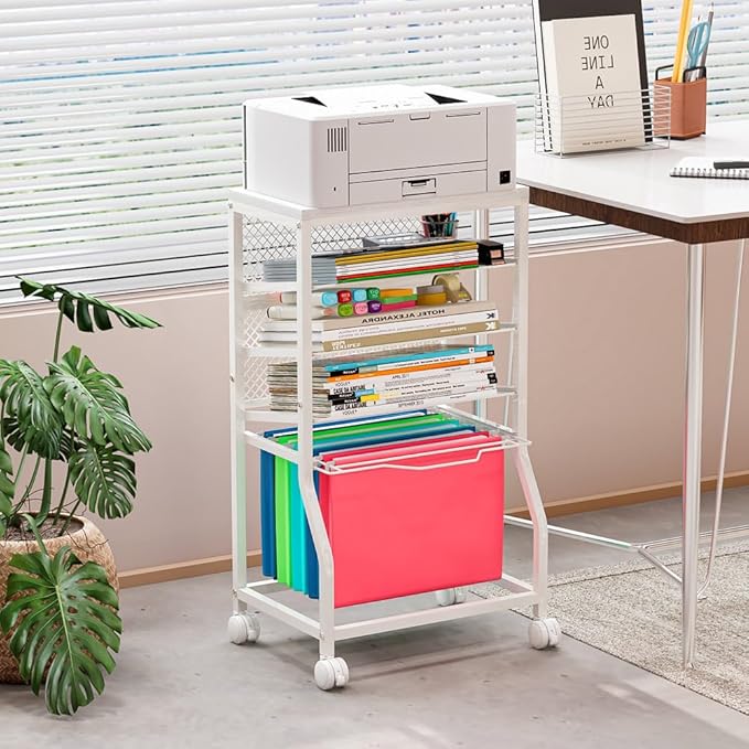 5-Tier Rolling File Cart, Under Desk Storage Organizer with Lockable Wheels & Mesh Sliding Trays, Multi-Functional Mobile Utility Cart for Office, Home, School, White