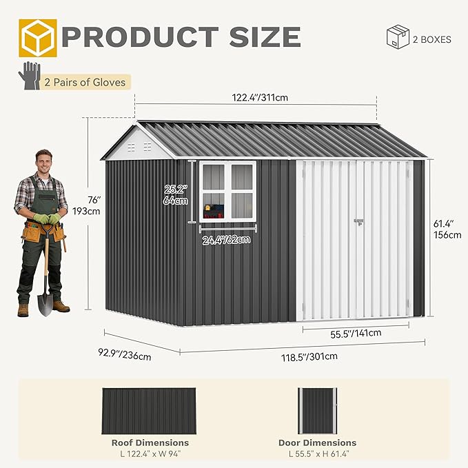 DWVO 10x8ft Large Tool Storage Shed with Window, Lockable Doors, and Sloped Roof, Oversized Steel Outdoor Storage Shed for Garden, Patio, Garage, Backyard, Lawn - Gray & White