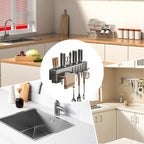 Utensil Holder – Kitchen Wall Organizer | No-Drilling Wall Mount Cutlery Storage Rack With Hooks, Towel Hanger For Spatula, Spoon, Mug & Kitchen Accessories Organization And Space Saving