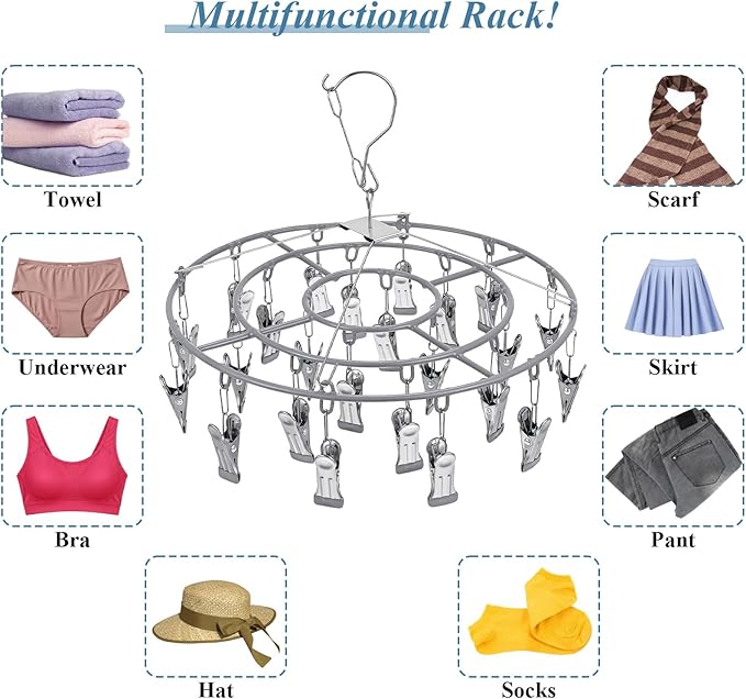 3 Pack Stainless Steel Foldable Round Hanging Drying Rack with 24 Clips, Swivel Hook Wind-Proof Clothes Hanger, Clothes Drying Rack for Laundry, Sock, Bras, Underwear, Laundry Accessories