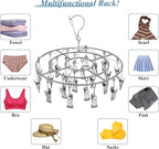 3 Pack Stainless Steel Foldable Round Hanging Drying Rack with 24 Clips, Swivel Hook Wind-Proof Clothes Hanger, Clothes Drying Rack for Laundry, Sock, Bras, Underwear, Laundry Accessories