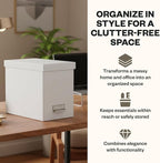 Bigso John Fiberboard Label Frame Desktop File Storage Box - Document Organizer for Important Paperwork - Durable Hanging File Box with a Lid & Metal Label Window - 7.36 x 13.38 x 10.51 in - White