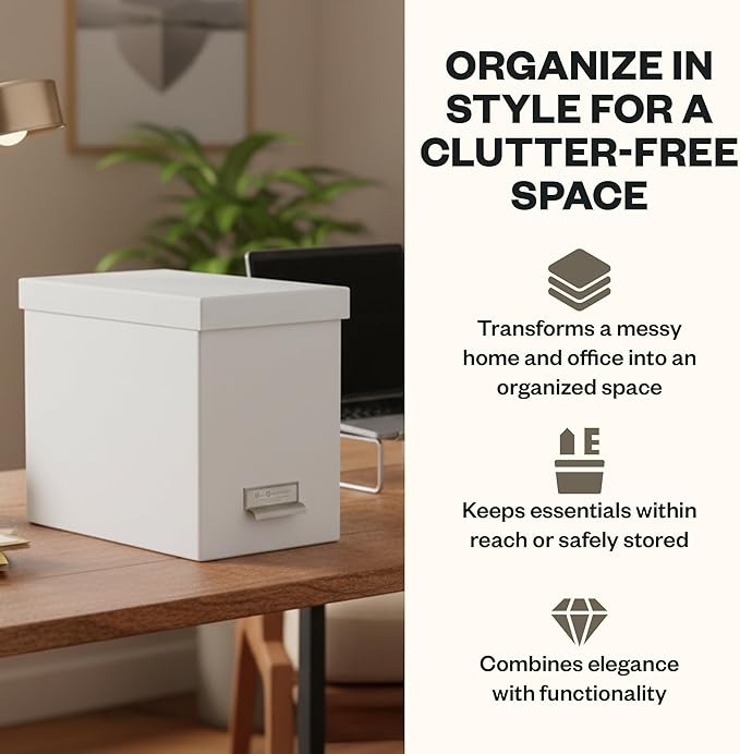 Bigso John Fiberboard Label Frame Desktop File Storage Box - Document Organizer for Important Paperwork - Durable Hanging File Box with a Lid & Metal Label Window - 7.36 x 13.38 x 10.51 in - White