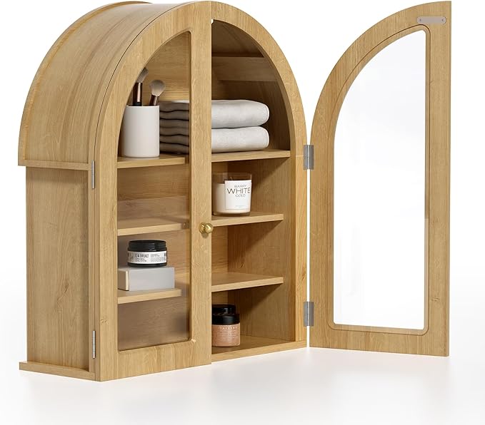 Modern Arched Wall Cabinet, Large Bathroom Medicine Wall Mounted Cupboard, Farmhouse Floating Storage Cabinet with Acrylic Door Adjustable Shelf, Wood Organizer (Natural Oak)