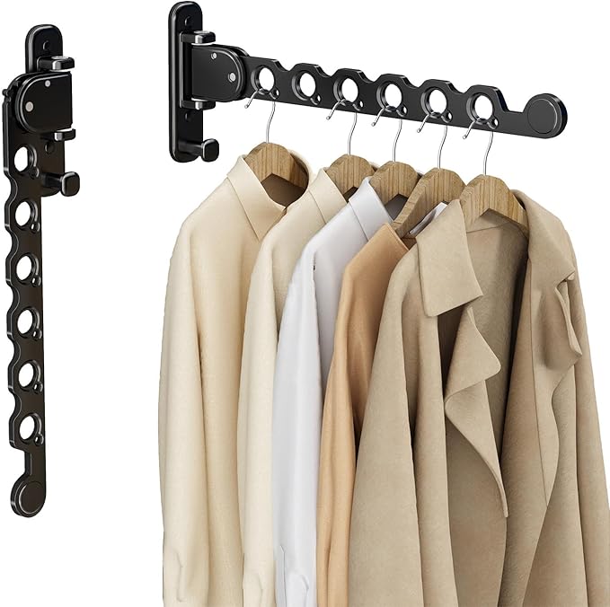 Wall Mounted Clothes Hanger Rack Folding Wall Mounted Clothes Hanger for Laundry with Swing Arm Space Saving Closet Storage Organizer Heavy Duty Coat Hook for Bathroom Bedroom Black 2-Pack