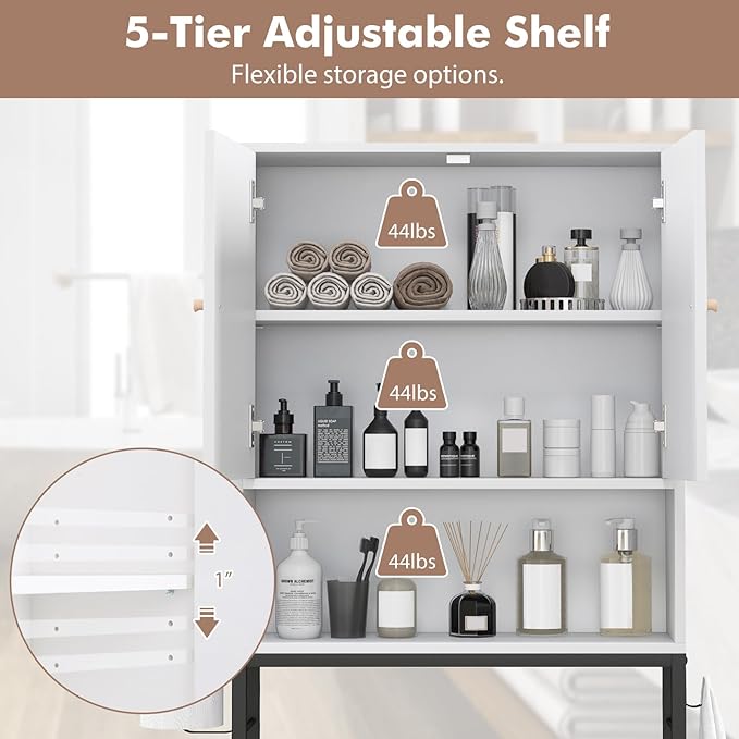Tangkula Over The Toilet Storage Cabinet, Bathroom Space Saver Organizer with 2 Doors, Metal Stand, 2 Side Hooks, Freestanding Above Toilet Storage Cabinet for Restroom Laundry (White)