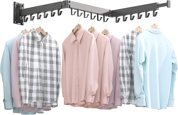 Drying Rack Clothing,Clothes Drying Rack Wall Mounted,Collapsible Hanging Racks for Laundry,Laundry Drying Rack,Wall Mounted Clothes Rack(31.5"-White) (Black-Hooks, Tri-Fold)