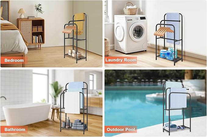 HarJue Towel Racks for Bathroom, 35" H Standing Towel Holder 3 Tier Metal Pool Towel Hanger Outdoor Floor with Storage Shelves for Blanket Bath Towel Drying (Matte Black)