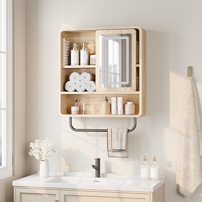 QUW Modern Bathroom Wall Cabinet, Medicine Cabinets with Mirror, Over The Toilet Storage Cabinet for Bathroom, Towel Bar, Sliding Door, 3 Lighting Modes, Adjustable Brightness, Natural Oak