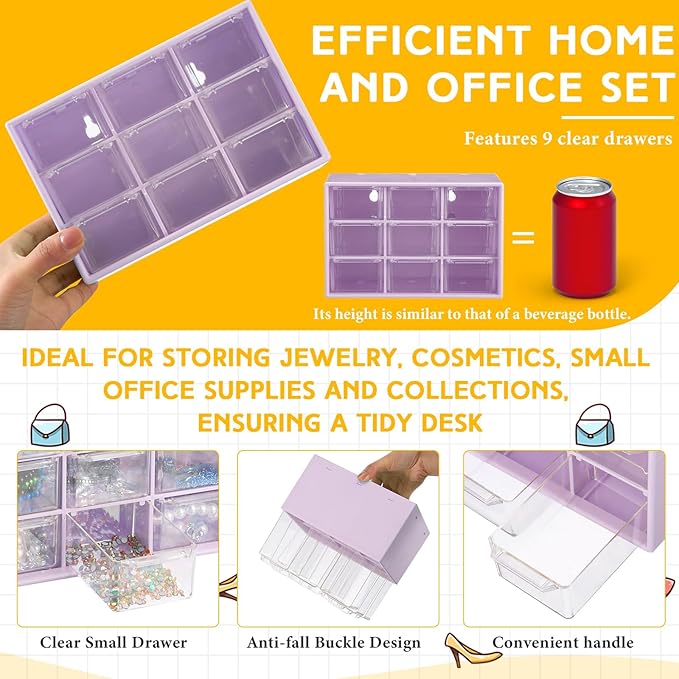Wenqik 2 Pcs Mini Storage Drawers Teacher Toolbox Organizer with 9 Clear Drawers Small Plastic Desktop Teacher Desk Craft Organizer for Classroom Office 7" x 3. 9" x 4. 7"(Purple)