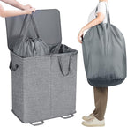 Lifewit Double Laundry Hamper with Lid and Removable Laundry Bags, Large Collapsible 2 Dividers Dirty Clothes Basket with Handles for Bedroom, Laundry Room, Closet, Bathroom, College, 136L Gray