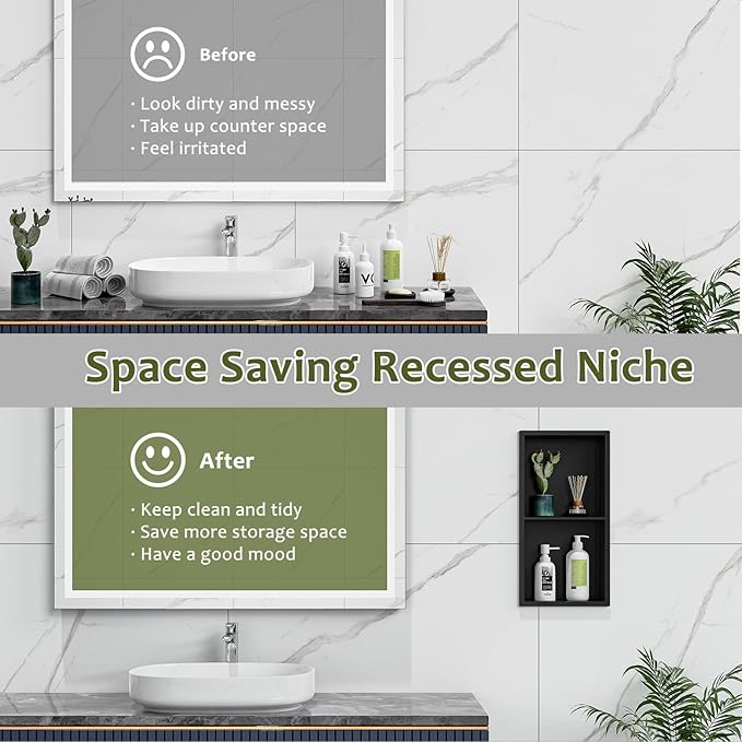 11x23 Inch Recessed Medicine Cabinet, Black Medicine Cabinet No Mirror, 304 Stainless Steel Bathroom Wall Niche Cabinet with 2-Tier for Bathroom, Living Room