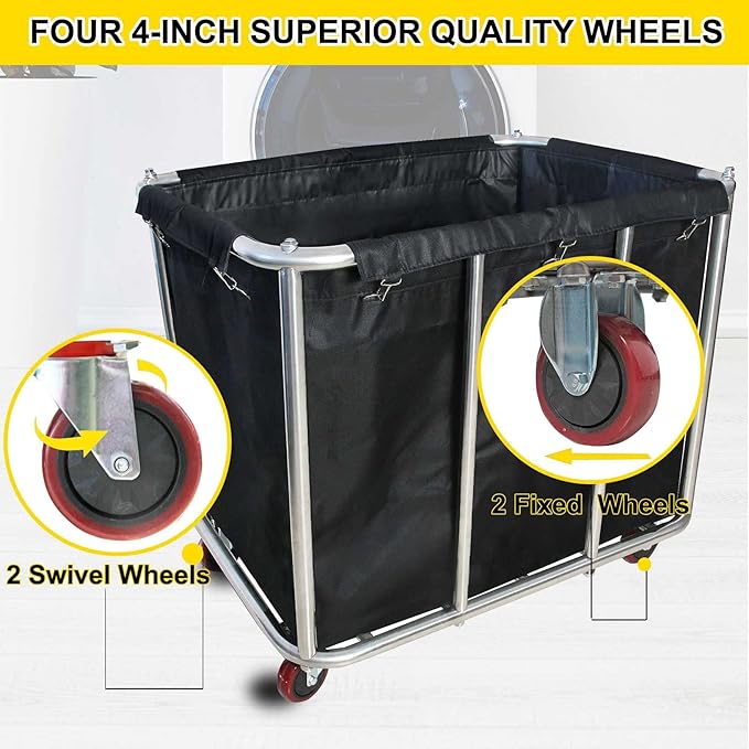Laundry Cart Commercial,11.35 Bushel (105 Gal) Large Industrial Rolling Laundry Hamper with 4 Inch Wheels,Home Heavy Duty Laundry Baskets with Stainless Steel Frame, 260 LBS Weight Capacity (Black)