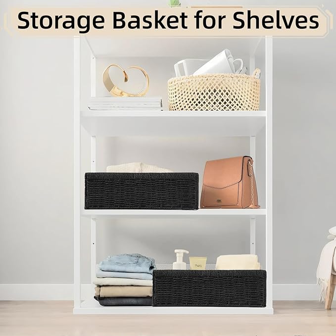 Paper Rope Storage Basket for Organizing, 2 Pack Foldable Wicker Storage Baskets with Handle,Decorative Large Storage Bins for Bathroom Countertop,Small Toilet Paper Basket for Toilet Tank Top
