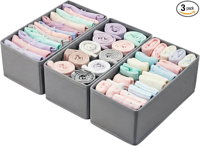 Small Foldable Fabric Drawer Organizer 3-Pack - 11“ Breathable Closet & Dresser Storage Bins for Socks, Underwear, Bras & Baby Clothes, Gray