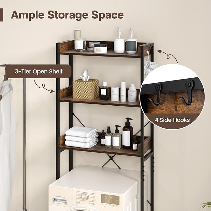 Giantex Over The Toilet Storage Rack, 3-Tier Bathroom Space Saver Organizer with Adjustable Bottom Bar to Fit Most Toilets, Freestanding Above Toilet Storage Rack, Easy Assembly (Brown + Black)