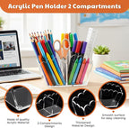 Clear Acrylic Pen Holder 2-Compartment Scalloped Desk Caddy for Office, Vanity or Bathroom – Makeup Brush & Pencil Organizer (2-Comp)