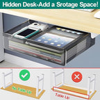Large Under Desk Table Drawer Storage Organizer, Slide Out Drawer with 2 Desk Divider,Pencil Storage Self-Adhesive Tray Under Table (L/Clear Black+White)