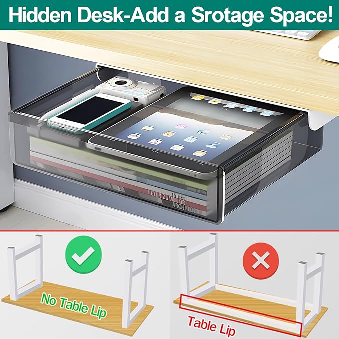 Large Under Desk Table Drawer Storage Organizer, Slide Out Drawer with 2 Desk Divider,Pencil Storage Self-Adhesive Tray Under Table (L/Clear Black+White)