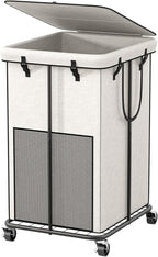 40 Gal Large Laundry Hamper with Lid, Rolling Laundry Basket with Wheels, Oxford Fabric Dirty Clothes Hampers with Removable Laundry Bag & Metal Frame for Bedroom, Laundry Room, Bathroom, Dorm(White)