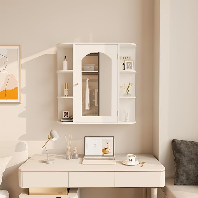 Bathroom Wall Cabinet, Medicine Cabinet with Mirror and Adjustable Shelves,White Wall Mounted Cabinet Over The Toile,3-Tier Wood Hanging Storage for Bathroom,Kitchen,Living,Laundry Room