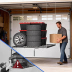 Heavy-Duty Overhead Garage Lifting Storage Rack, 4x4 ft Carbon Steel Ceiling Storage Rack with Manual Crank, Adjustable Organization System, Supports 350Lbs for Garages Workshops