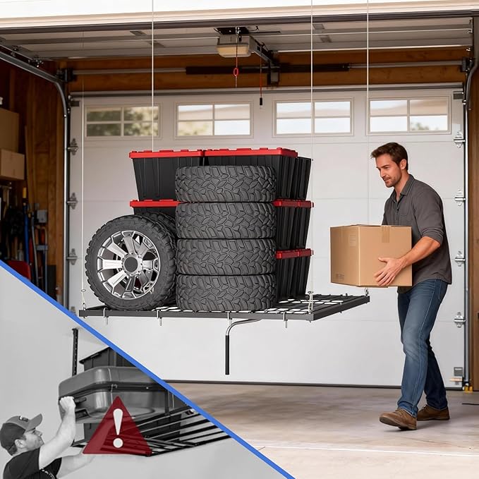 Heavy-Duty Overhead Garage Lifting Storage Rack, 4x4 ft Carbon Steel Ceiling Storage Rack with Manual Crank, Adjustable Organization System, Supports 350Lbs for Garages Workshops