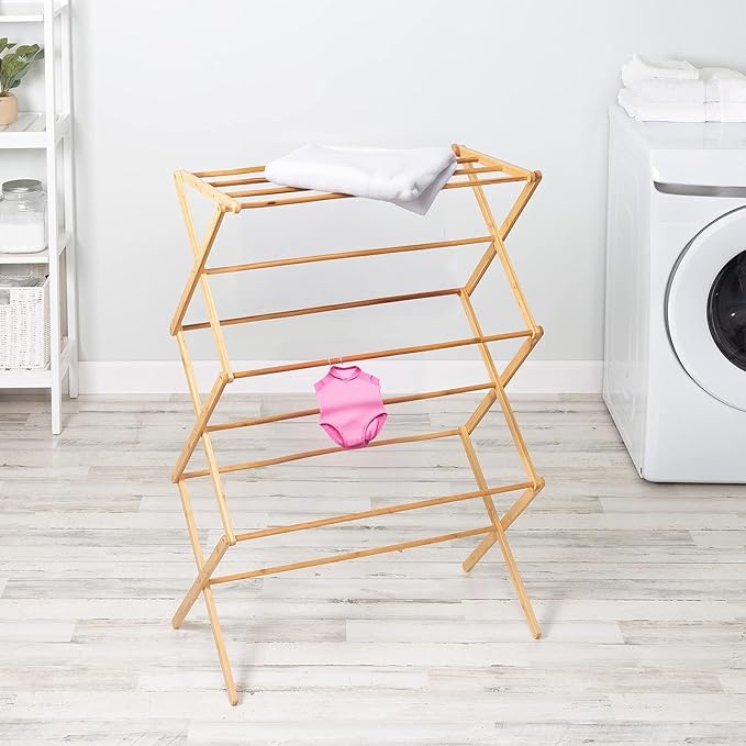 Collapsible Bamboo Drying Rack – Foldable Laundry Drying Stand for Indoor/Outdoor Use – Space-Saving Clothes Rack for Towels, Blankets & Delicates