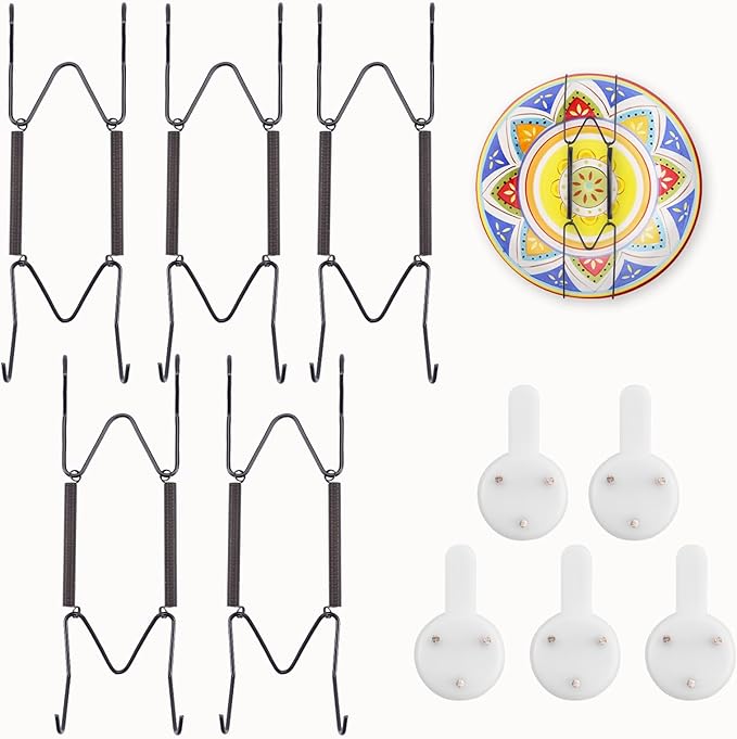 5 Pack Plate Hangers for Wall, Suitable for 6-8 inch Art Plate, Stainless Steel Invisible Heavy-Duty Wire Plate Holder with Wall Hooks, Display Hanger for Decorative Plates/Dishes/Platters(Black)