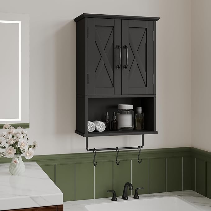 ChooChoo Farmhouse Medicine Cabinet, Bathroom Wall Cabinet with Adjustable Shelf, Towel Bar, 3 Hooks, Over The Toilet Storage Cabinet for Bathroom, Kitchen, Black