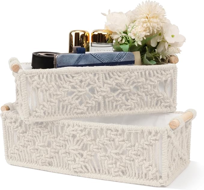 Macrame Storage Baskets Boho，Toilet Paper Basket with Wood Handles，Handmade Woven Decorative Countertop Toilet Tank Shelf Cabinet Organizer for Bedroom Livingroom Home, Set of 2, Ivory