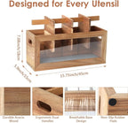 Rectangular Kitchen Utensil Holder for Countertop, Extra Large Kitchen Utensils Holder with 8 Compartments and Absorbing Drying Stone, Acacia Wood Silverware Caddy Organizer for Farmhouse Decor