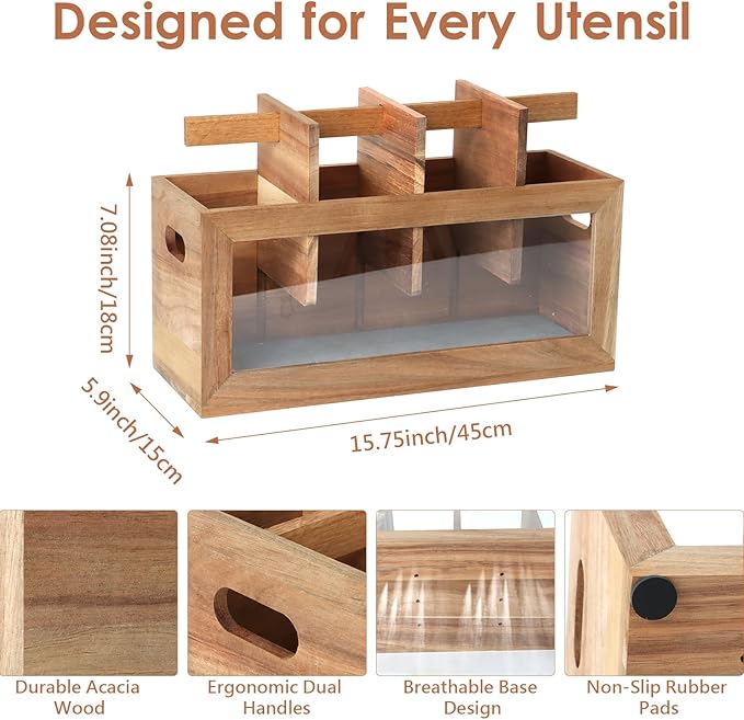 Rectangular Kitchen Utensil Holder for Countertop, Extra Large Kitchen Utensils Holder with 8 Compartments and Absorbing Drying Stone, Acacia Wood Silverware Caddy Organizer for Farmhouse Decor