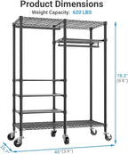 VIPEK R4C Rolling Garment Rack 6 Tiers Adjustable Heavy Duty Wire Shelving Portable Clothes Rack with Lockable Wheels, Black Metal Clothing Rack with Grey Upgraded Polyester Cover, Max Load 620lbs