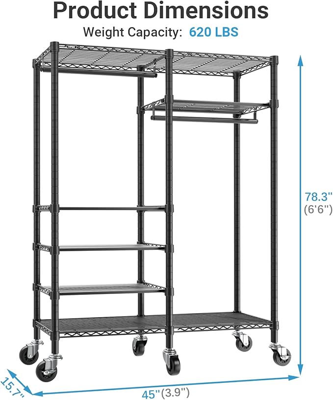 VIPEK R4 Garment Racks Heavy Duty Clothes Rack -620lb Capacity Metal Frame, Rolling Lockable Wheels & 6 Tiers Adjustable Height Shelves & Hanger Rods, Sturdy Wardrobe Closet for Home Storage, Black