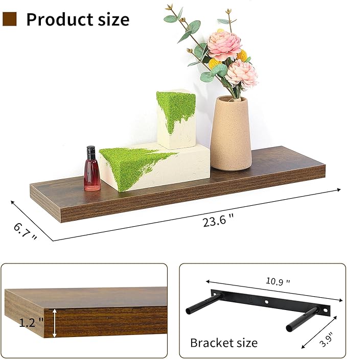 Floating Shelves for Wall, Wall Mounted Rustic Wood Shelves for Bathroom, Bedroom, Living Room, Kitchen, Hanging Shelf for Books/Storage/Room (Brown Wood Grain, 23.6")