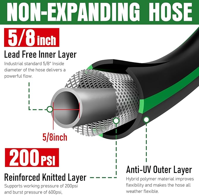 Heavy Duty Garden Hose 10ft, NON-EXPANDABLE Flexible Water Hose, Kink Resistant Lightweight Hybrid Hose, Leakproof Hose Male to Female Fittings