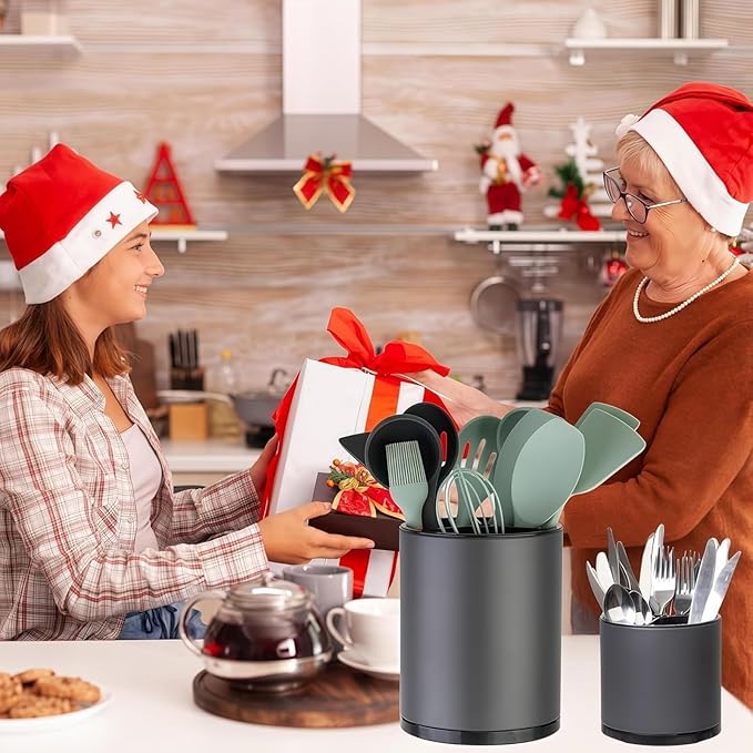 Kitchen Utensil Holder Extra Large Rotating For Counter Organizer Stainless Steel Storage Cooking Silverware Caddy 3 Compartment Flatware Spoon Spatula Tool Cutlery Container（2 Set Grey）