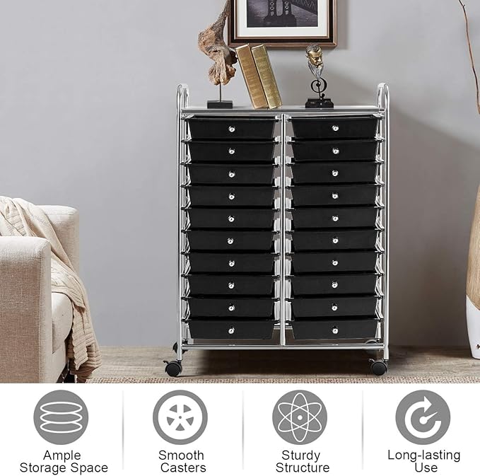 GOFLAME 20-Drawer Rolling Storage Cart, Multifunctional Art Craft Organizer Cart, Mobile Utility Storage Cart with Removable Drawers & Lockable Wheels, Craft Cart for Home Office School, Black