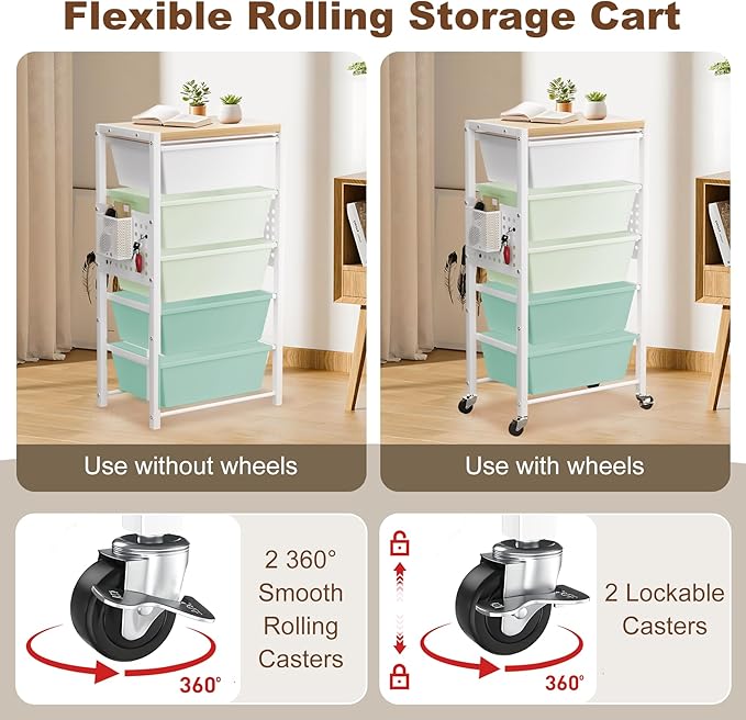 Rolling Cart with Drawers, Rolling Storage Cart with Large Plastic Drawers & Wooden Tabletop, Utility Cart with Pegboards & Basket, Storage Drawers Cart for Living Room, Classroom, Bedroom, Office