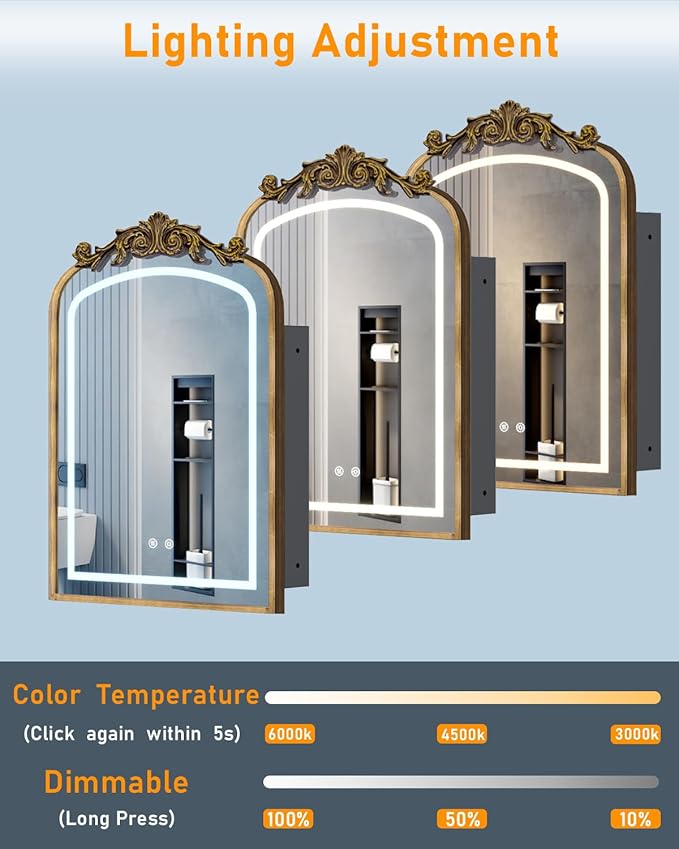 20"x30" LED Bathroom Medicine Cabinet with Mirror and Lights, Bronze Hand-Painted Baroque Bathroom Storage with Mirror, Recessed / Wall Mounted, Dimmable 3 Color Lighting Anti-fog ( with 1 Organizer)