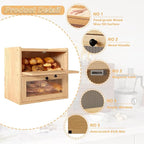 Double Layer Large Bread Box for Kitchen Counter, Wooden Corner Bread Storage Container with Acrylic Window, Original