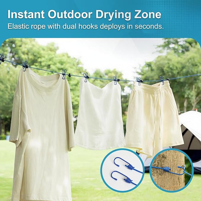 2 Pack Camping Portable Clothesline for Travel with 12 Clips, Blue Windproof Retractable Clothesline Kit for Camping, Home, Cruise, Hotel